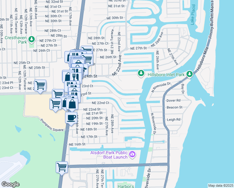 map of restaurants, bars, coffee shops, grocery stores, and more near 2771 Northeast 23rd Street in Pompano Beach