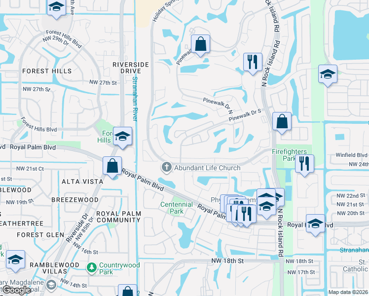 map of restaurants, bars, coffee shops, grocery stores, and more near 7654 Pinewalk Drive South in Margate