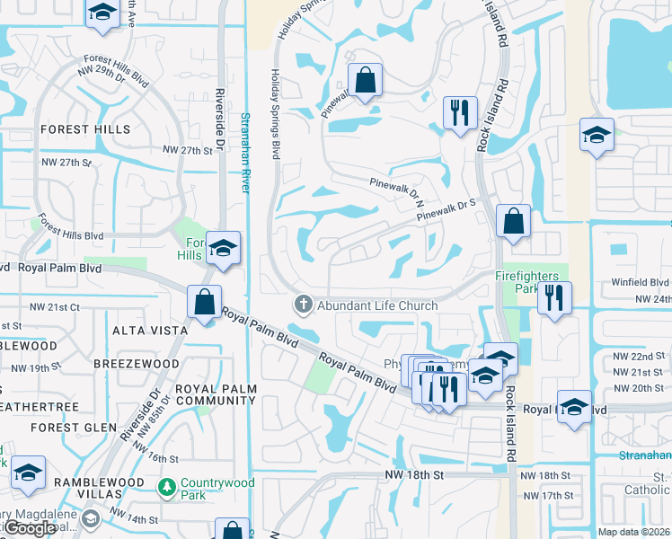 map of restaurants, bars, coffee shops, grocery stores, and more near 7654 Pinewalk Drive South in Margate