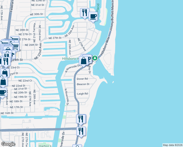 map of restaurants, bars, coffee shops, grocery stores, and more near 2400 Bay Drive in Pompano Beach