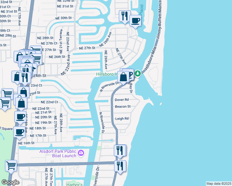 map of restaurants, bars, coffee shops, grocery stores, and more near 2500 North Ocean Boulevard in Pompano Beach