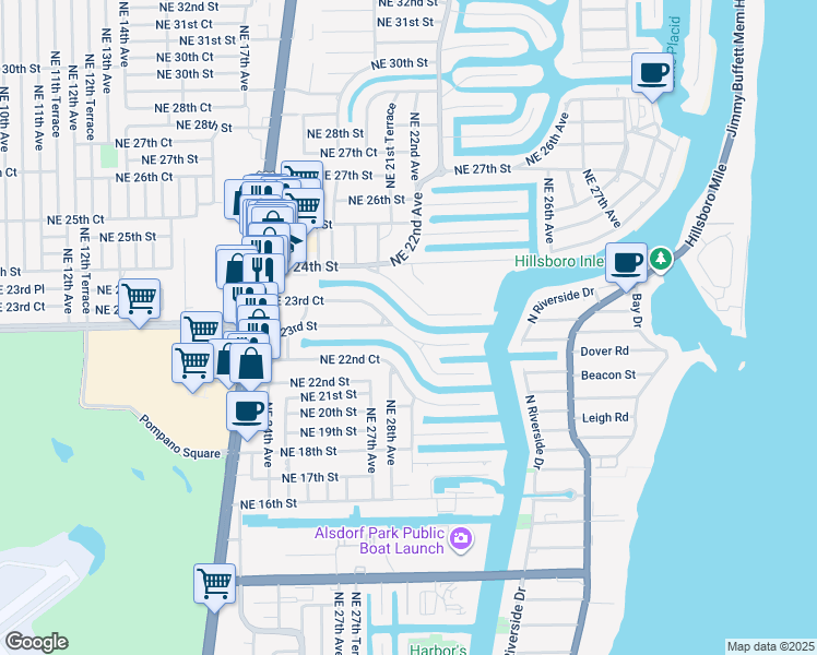 map of restaurants, bars, coffee shops, grocery stores, and more near 2771 Northeast 23rd Street in Pompano Beach