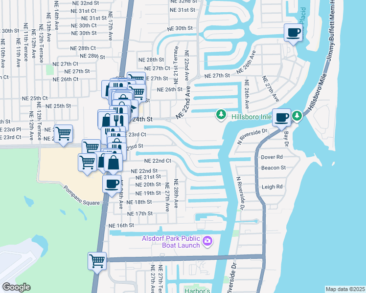 map of restaurants, bars, coffee shops, grocery stores, and more near 2771 Northeast 23rd Street in Pompano Beach