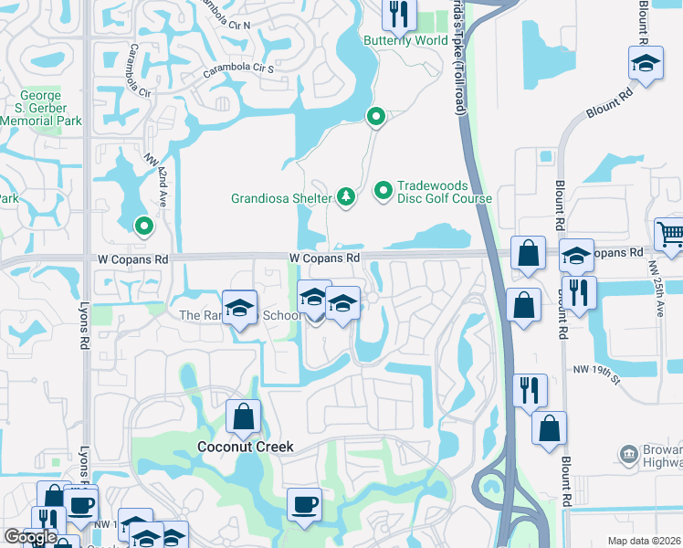 map of restaurants, bars, coffee shops, grocery stores, and more near 3791 Northwest 23rd Place in Coconut Creek