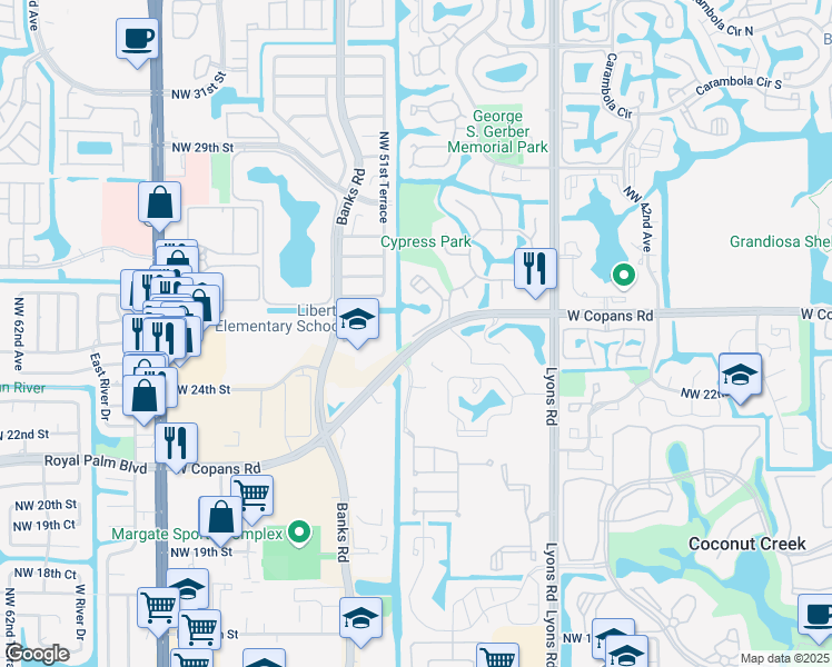 map of restaurants, bars, coffee shops, grocery stores, and more near 4 Northwest 49th Terrace in Coconut Creek