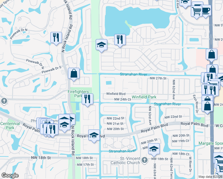 map of restaurants, bars, coffee shops, grocery stores, and more near 2510 Northwest 67th Terrace in Margate