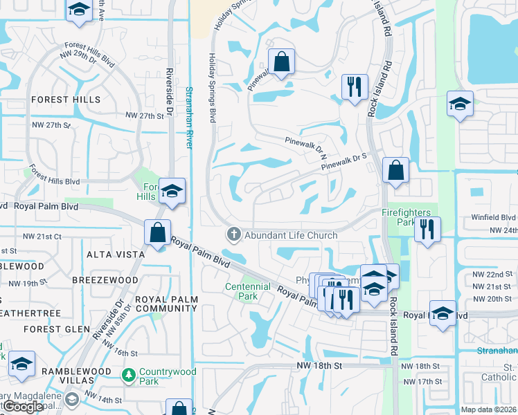 map of restaurants, bars, coffee shops, grocery stores, and more near 7654 Pinewalk Drive South in Margate