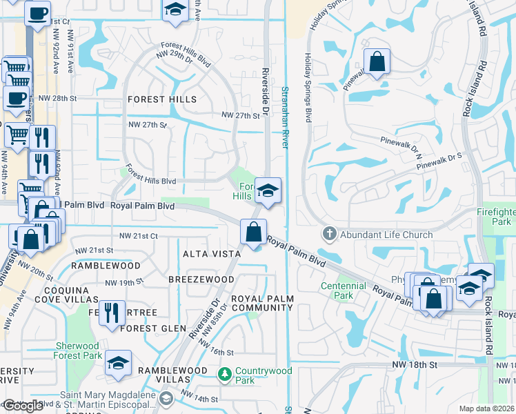 map of restaurants, bars, coffee shops, grocery stores, and more near 8202 Northwest 24th Street in Coral Springs