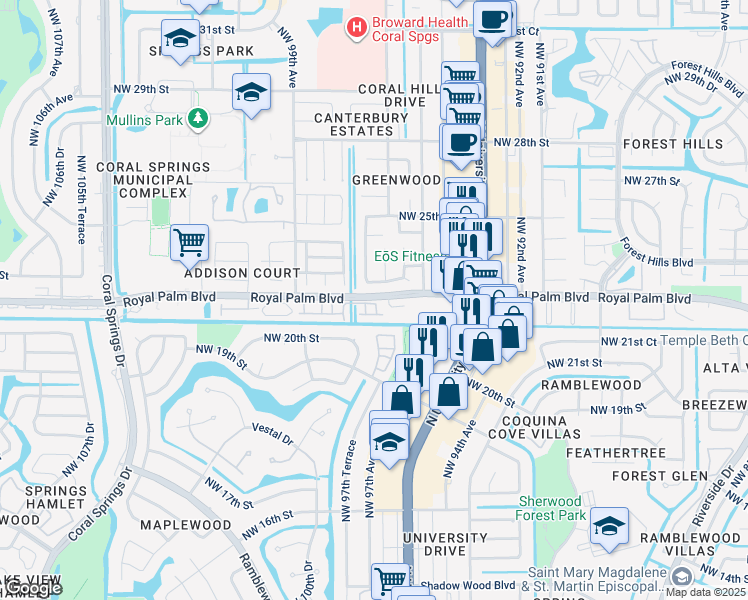 map of restaurants, bars, coffee shops, grocery stores, and more near 9640 Royal Palm Boulevard in Coral Springs
