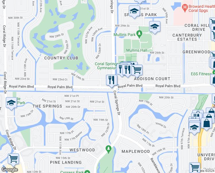 map of restaurants, bars, coffee shops, grocery stores, and more near 2300 Coral Springs Drive in Coral Springs
