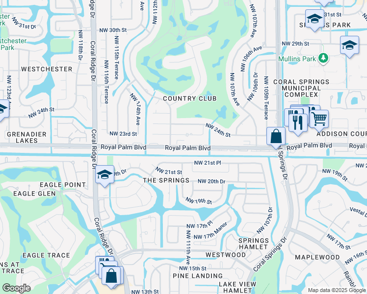 map of restaurants, bars, coffee shops, grocery stores, and more near 107 Royal Palm Boulevard in Coral Springs