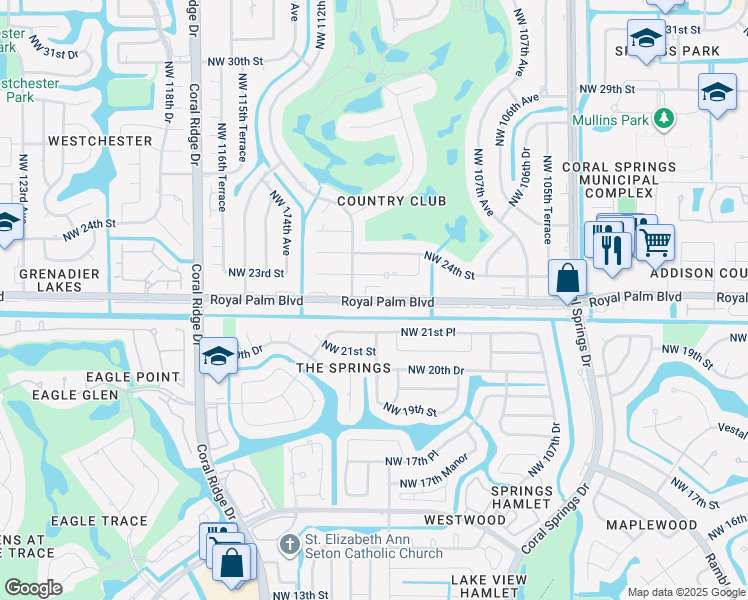 map of restaurants, bars, coffee shops, grocery stores, and more near 107 Royal Palm Boulevard in Coral Springs