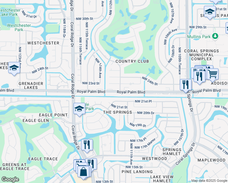 map of restaurants, bars, coffee shops, grocery stores, and more near 11340 Royal Palm Boulevard in Coral Springs