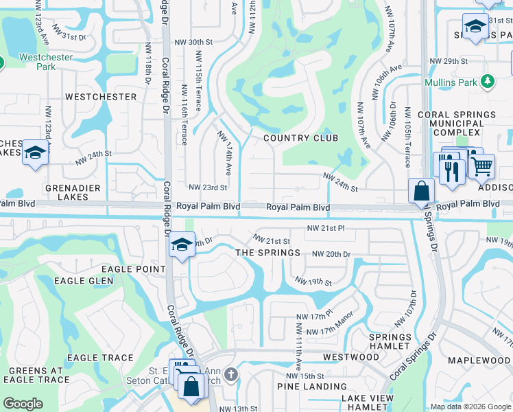 map of restaurants, bars, coffee shops, grocery stores, and more near 11340 Royal Palm Boulevard in Coral Springs