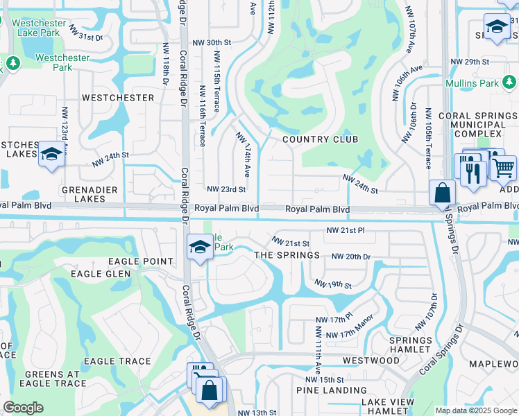 map of restaurants, bars, coffee shops, grocery stores, and more near 11340 Royal Palm Boulevard in Coral Springs