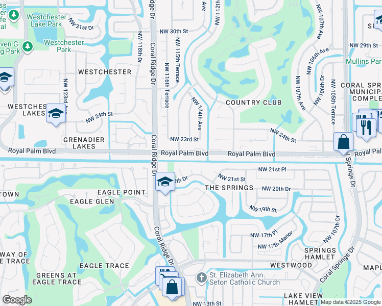 map of restaurants, bars, coffee shops, grocery stores, and more near 11417 Royal Palm Boulevard in Coral Springs