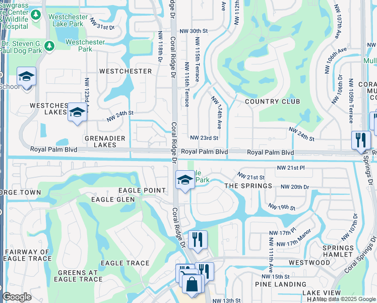 map of restaurants, bars, coffee shops, grocery stores, and more near 2291 Coral Ridge Drive in Coral Springs