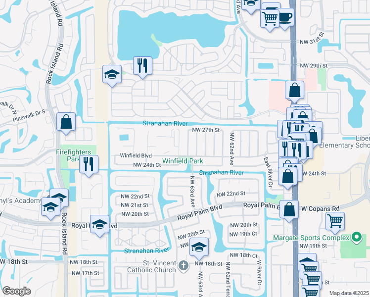 map of restaurants, bars, coffee shops, grocery stores, and more near 2551 Northwest 64th Terrace in Margate