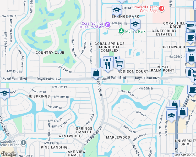 map of restaurants, bars, coffee shops, grocery stores, and more near 2300 Coral Springs Drive in Coral Springs