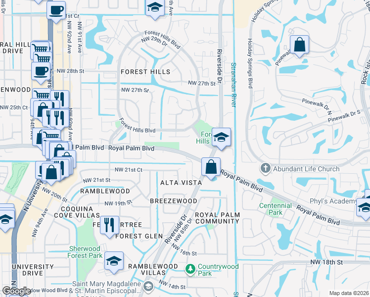map of restaurants, bars, coffee shops, grocery stores, and more near 8355 Royal Palm Boulevard in Coral Springs