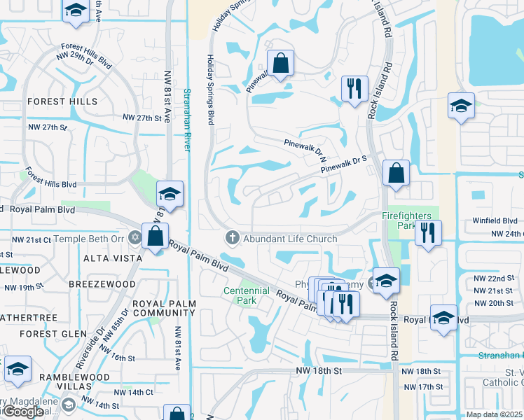 map of restaurants, bars, coffee shops, grocery stores, and more near 7612 Pinewalk Drive South in Margate