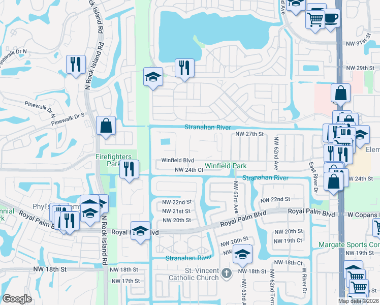 map of restaurants, bars, coffee shops, grocery stores, and more near 6607 Winfield Boulevard in Margate