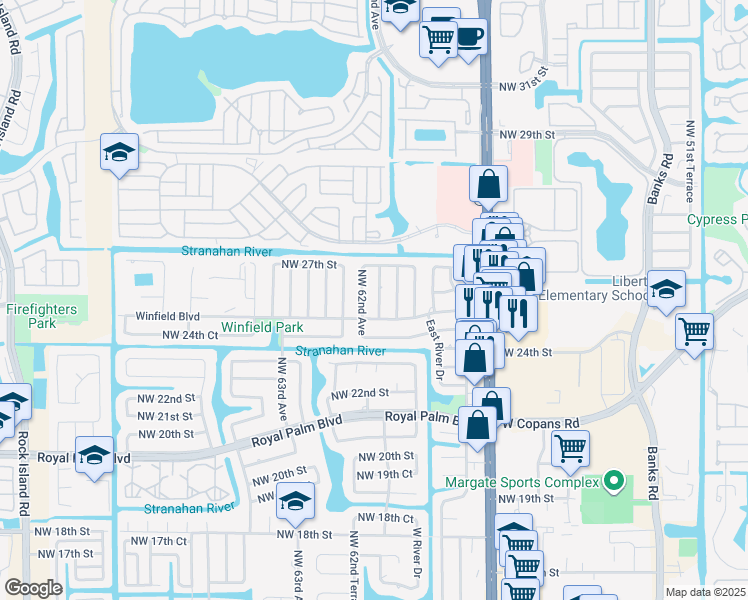 map of restaurants, bars, coffee shops, grocery stores, and more near 2569 Northwest 61st Avenue in Margate