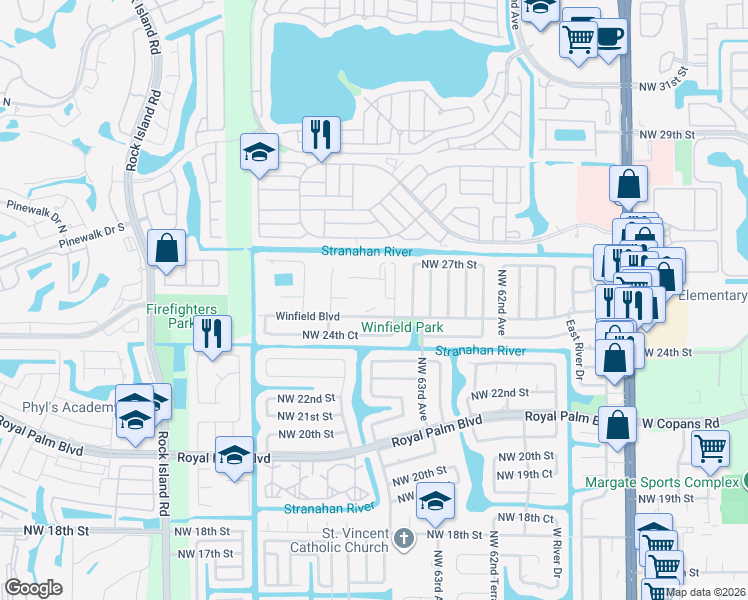 map of restaurants, bars, coffee shops, grocery stores, and more near 6501 Winfield Boulevard in Margate