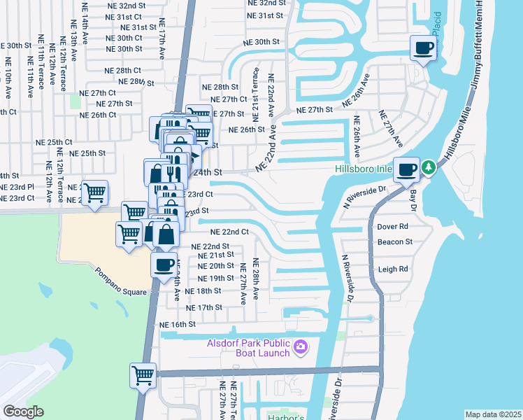 map of restaurants, bars, coffee shops, grocery stores, and more near 2771 Northeast 23rd Street in Pompano Beach