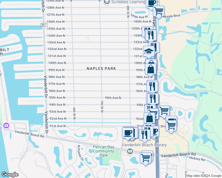 map of restaurants, bars, coffee shops, grocery stores, and more near 731 96th Avenue North in Naples