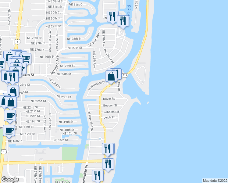 map of restaurants, bars, coffee shops, grocery stores, and more near 3421 Norfolk Street in Pompano Beach