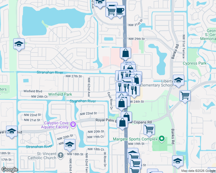 map of restaurants, bars, coffee shops, grocery stores, and more near 5787 Winfield Boulevard in Margate