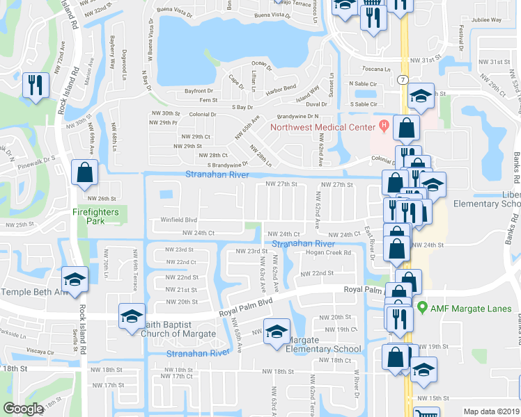 map of restaurants, bars, coffee shops, grocery stores, and more near 2551 Northwest 64th Terrace in Margate