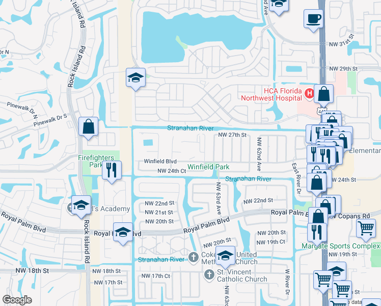 map of restaurants, bars, coffee shops, grocery stores, and more near 6501 Winfield Boulevard in Margate
