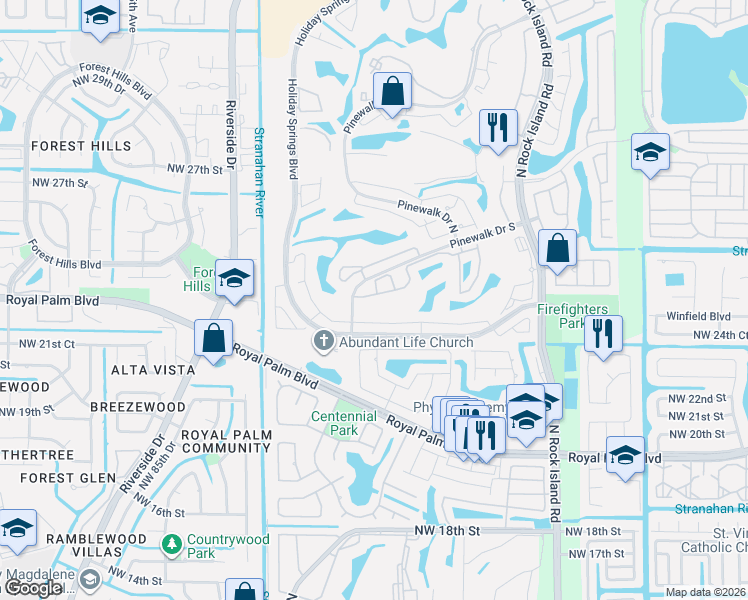 map of restaurants, bars, coffee shops, grocery stores, and more near 7612 Pinewalk Drive South in Margate
