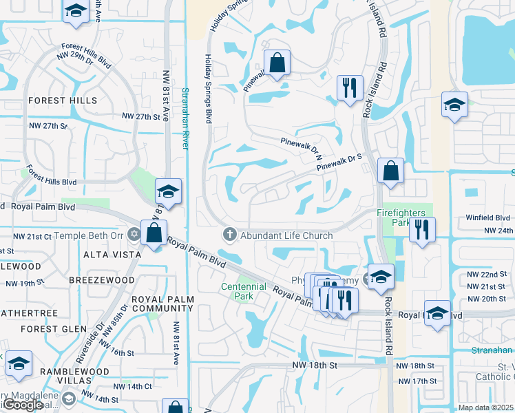map of restaurants, bars, coffee shops, grocery stores, and more near 7612 Pinewalk Drive South in Margate