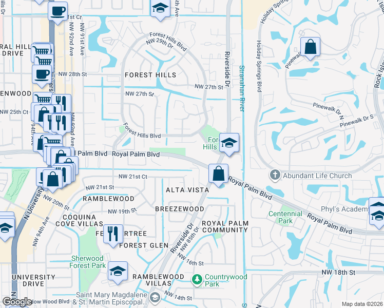 map of restaurants, bars, coffee shops, grocery stores, and more near 8355 Royal Palm Boulevard in Coral Springs