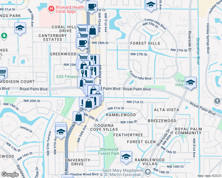 map of restaurants, bars, coffee shops, grocery stores, and more near 9024 Royal Palm Boulevard in Coral Springs