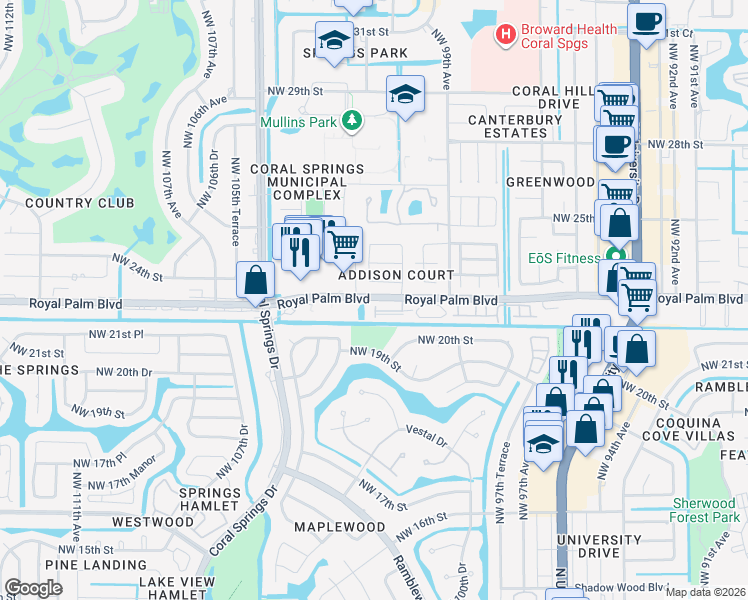 map of restaurants, bars, coffee shops, grocery stores, and more near 10340 Royal Palm Boulevard in Coral Springs