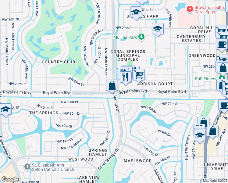 map of restaurants, bars, coffee shops, grocery stores, and more near 2300 Coral Springs Drive in Coral Springs
