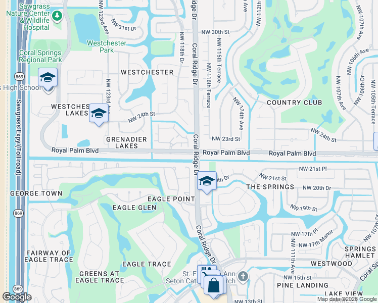 map of restaurants, bars, coffee shops, grocery stores, and more near 11724 Royal Palm Boulevard in Coral Springs