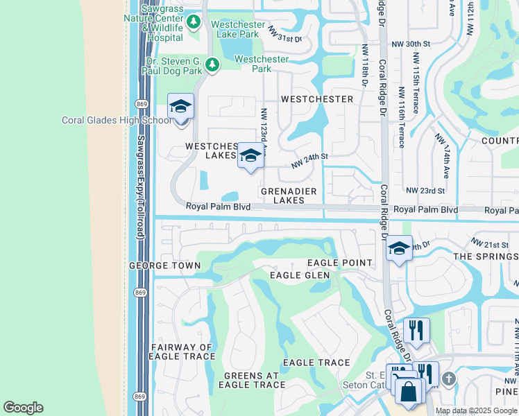 map of restaurants, bars, coffee shops, grocery stores, and more near 12330 Royal Palm Boulevard in Coral Springs