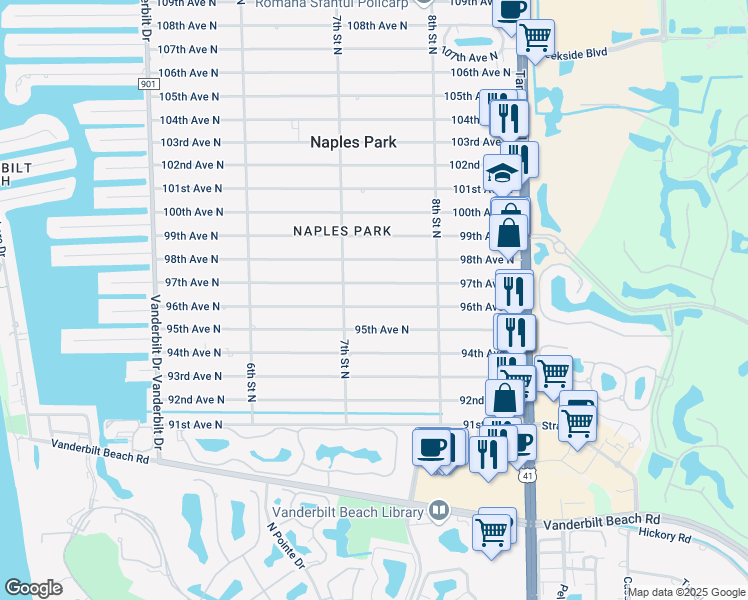 map of restaurants, bars, coffee shops, grocery stores, and more near 715 96th Avenue North in Naples