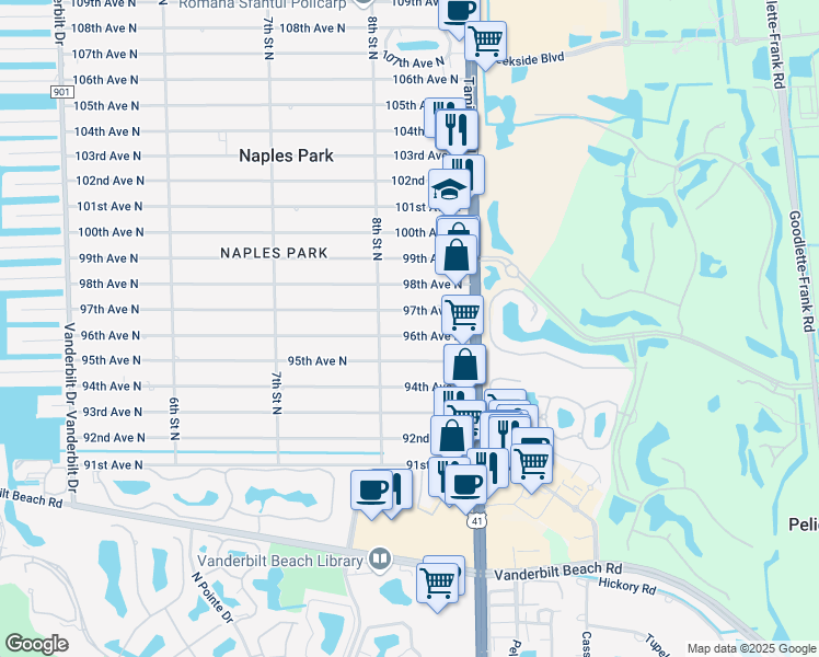 map of restaurants, bars, coffee shops, grocery stores, and more near 827 96th Avenue North in Naples