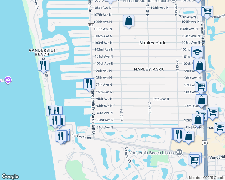 map of restaurants, bars, coffee shops, grocery stores, and more near 565 96th Avenue North in Naples