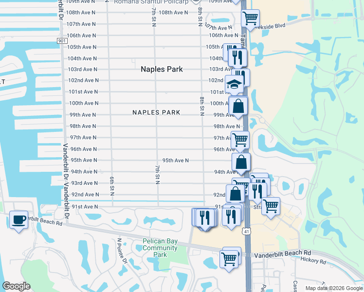 map of restaurants, bars, coffee shops, grocery stores, and more near 755 96th Avenue North in Naples