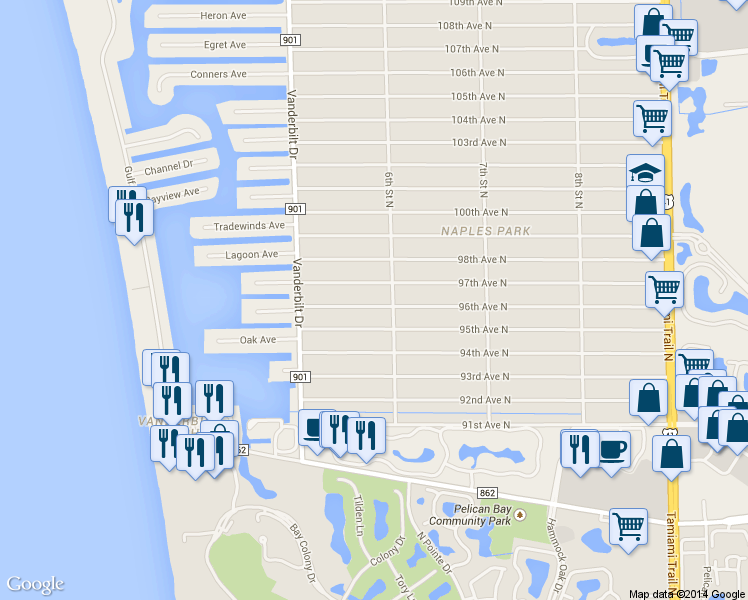 map of restaurants, bars, coffee shops, grocery stores, and more near 577 96th Avenue North in Naples