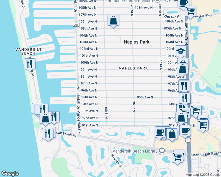 map of restaurants, bars, coffee shops, grocery stores, and more near 615 96th Avenue North in Naples