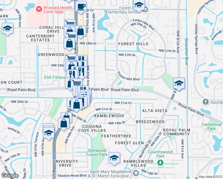 map of restaurants, bars, coffee shops, grocery stores, and more near 8884 Royal Palm Boulevard in Coral Springs