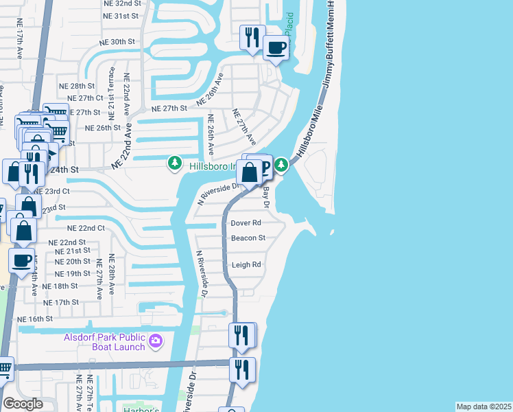 map of restaurants, bars, coffee shops, grocery stores, and more near 3421 Norfolk Street in Pompano Beach